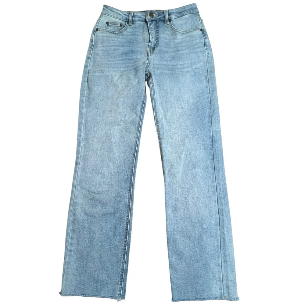 Oat New York Womens 25 Relaxed Straight Leg Light Wash Mid Rise Fringe Hem Jeans